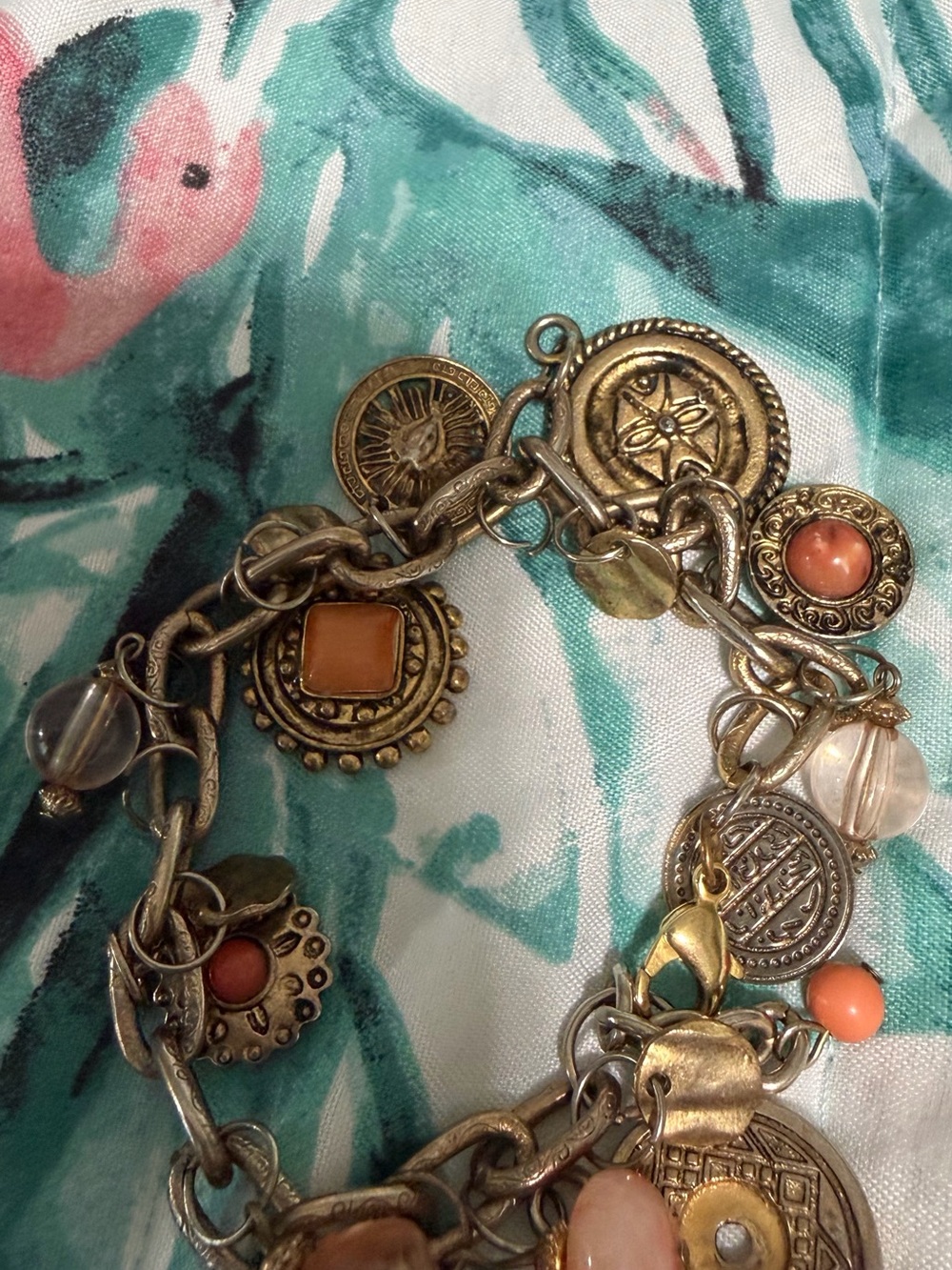 Vintage-Inspired Gold Charm Bracelet with Coral and Peach Accents
